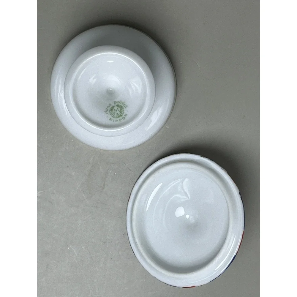 Antique Nippon Hand Painted Porcelain Lidded Pedestal Trinket Dish Floral 2.75